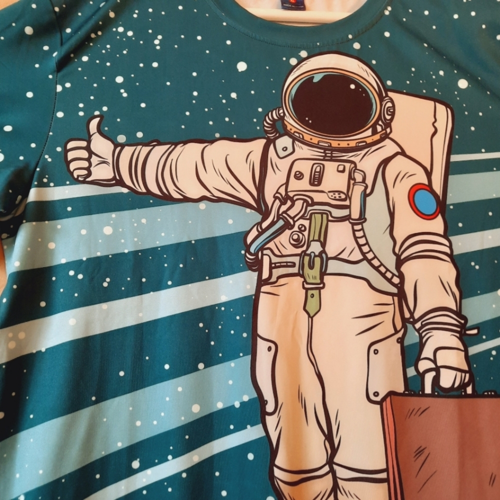 Full graphics front/ back astronaut shirt, silky comfortable fabric, nice!